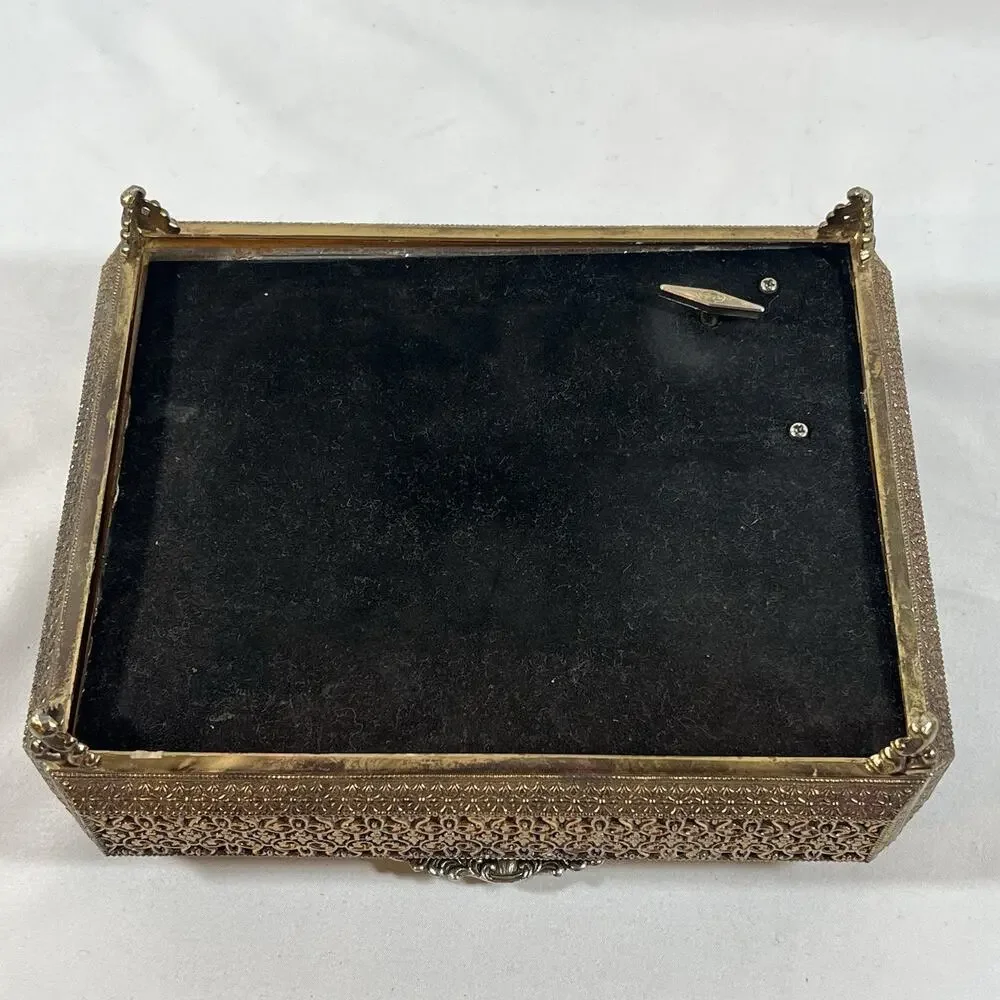 Vintage Filigree Metal Jewelry Casket w/ Glass Lid Music Box Hollywood Regency